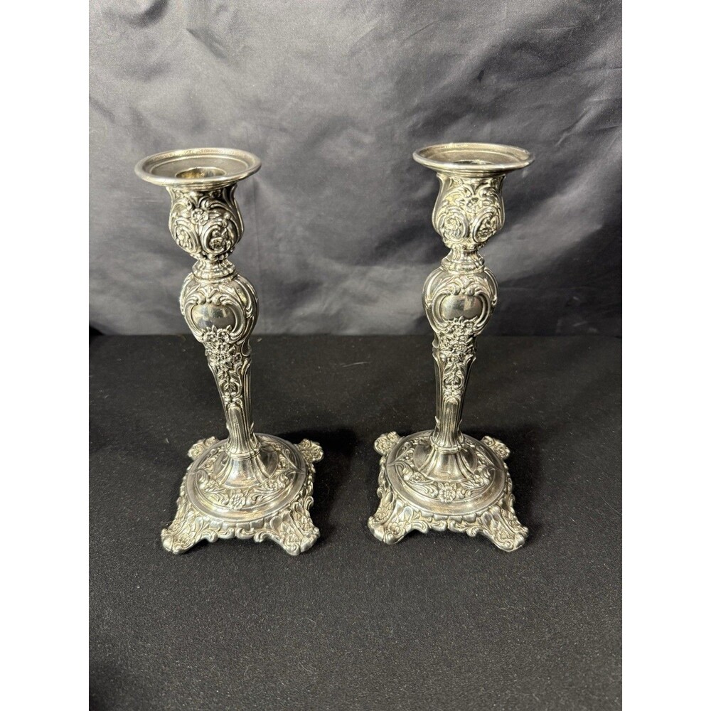 Victorian Rose 1915 Wm Rogers & Son S.P. Plate Set Of Candle Stick Holders Sz 9